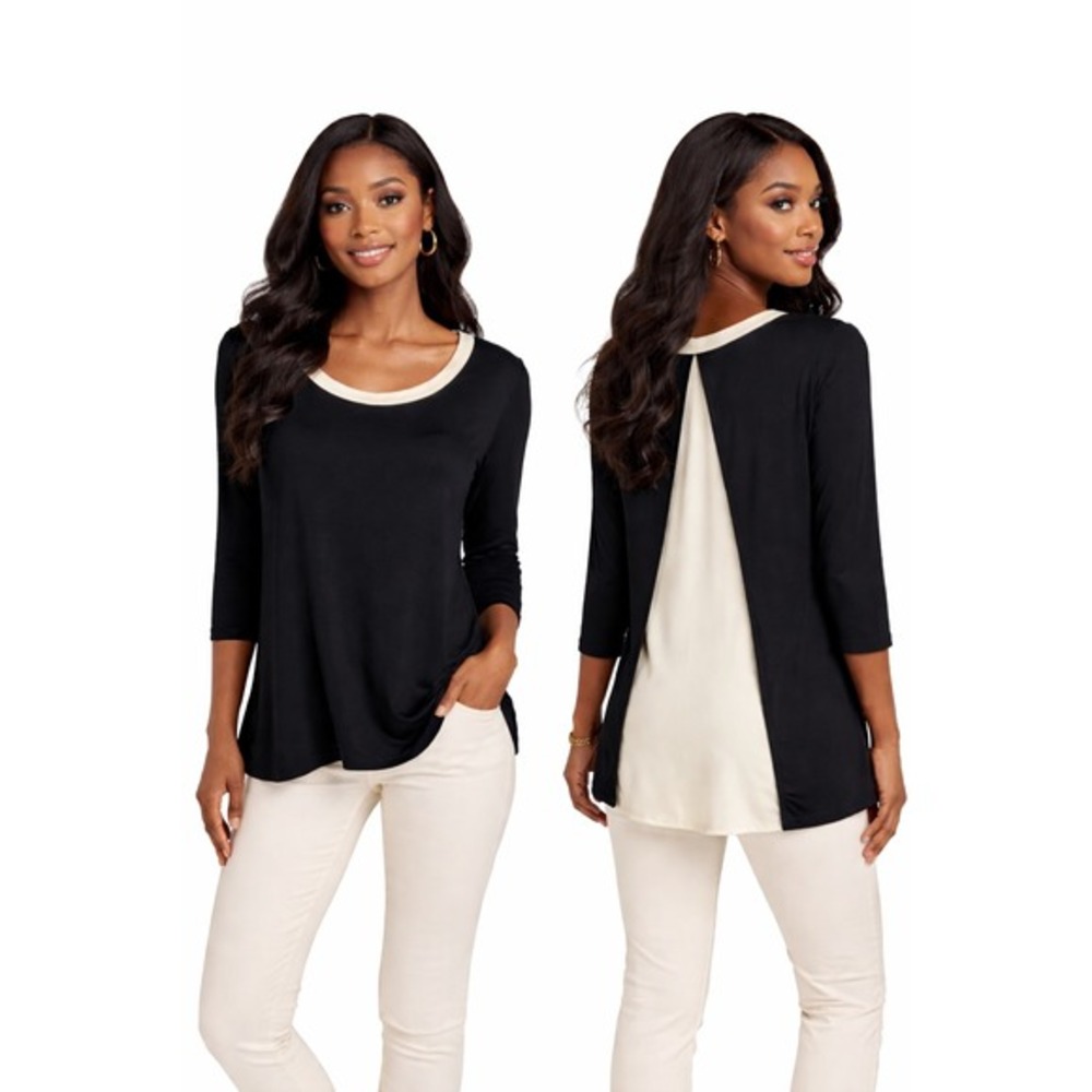 Ann Taylor Black Cream Split Back Mixed Media Top 3/4 Sleeveā S Lagenlook 56-23